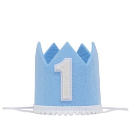 GORNZX First Birthday Crown Hat, Blue Felt with White Number 1, White Pom Pom Trim