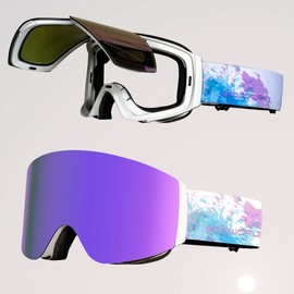 [Overseas] Cover Magnetic Winter Ski Glasses, Pillar-shaped Double-sided Anti-Fog Windproof Radiation Clear Goggles for Men and Women, Large-faced Myopia SW-4001 - Magnetic Suction Cover/ 05 - Brown Headband - Gold Lenses 2ea