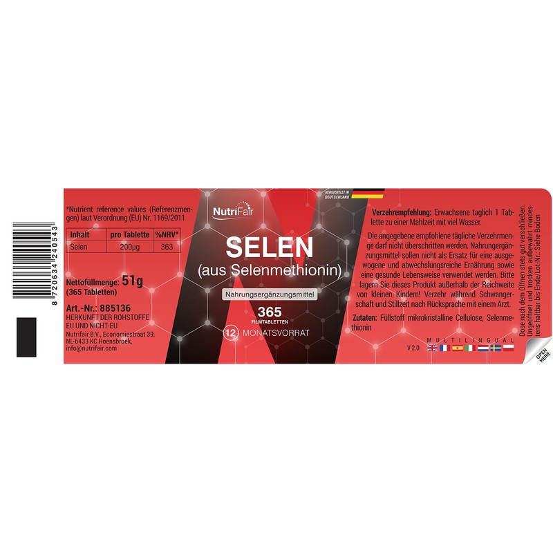 Nutrifair Selenio 200μg, 365 compresse, da selenometionina, 200μg per compressa,