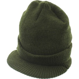 ARMYU Wool Knit Watch Cap with Brim Visor Cold Weather Winter Hat Military USN - US Made (Olive Drab)