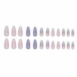 MERVF Almond Press on Nails Medium Fake Nails Glitter French Tip Glue ons Nail Ombre Design Stiletto Acrylic Supplies DIY Summer Blue Manicure Glossy 24pcs