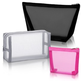 Boao 3 Piece Mesh Cosmetic Bag Mesh Makeup Bag with Zipper Pouch Travel Toiletry for Makeup Organizer Home Office Travel Accessories(Black, Gray, Rose Red)