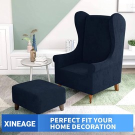 XINEAGE 1 Piece Velvet Wingback Chair Slipcover Stretch Wing Chair Cover Non Slip Furniture Protector with Foam Rods for Living Room (Wingback Chair, Navy)