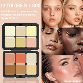 LSxia 12 Colors Cream [Blush+Contour+Concealer+Highlighter] Makeup Palette for Cheeks - Multi-functional Makeup Palette with Brush, Natural Matte Long Wearing, Waterproof Face Makeup Palette (#04)