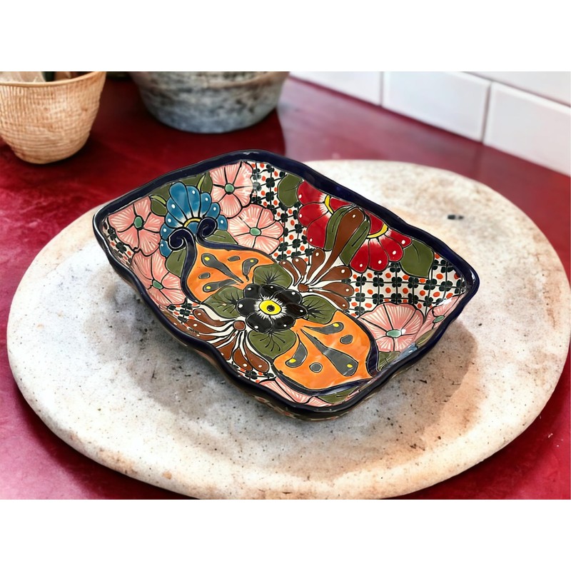 Colorful Talavera Scalloped XL Serving Dish | Mexican Pottery Casserole
