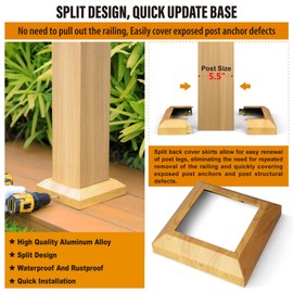 Wocepu 2 pcs 6"x6" (Actual: 5.5"x5.5") Aluminum Deck Post Base Cover, for Deck railings, Stairs, Patios, Porches Split Deck Post Skirt (Burlywood)