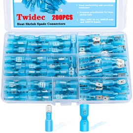 Twidec/200PCS Heat Shrink Spade Connectors Kit 16-14 AWG Female and Male Spade Terminlas Quick Disconnect Connectors Fully Insulated Electrical Wire Crimp Connector Blue for Automotive Marine N-072-BU