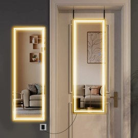 NeuType Full Length Mirror with LED Lights 47"x16" Lighted Over The Door LED Mirror with Hangers Full Body Wall Mirror Aluminum Frame Dimming & 3 Color Modes for Bedroom LED Door Mirror, Silver