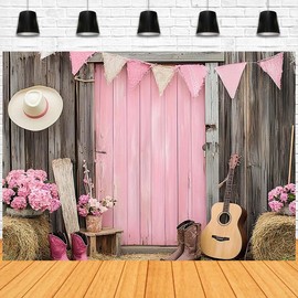 Western Pink Barn Door Backdrop Western Cowgirl Backdrop Wooden Barn Door Farmhouse Backdrops Vintage Retro Hat Haystacks Wood Girls Backgrounds First Rodeo Birthday Party Supplies (A, 7x5feet)