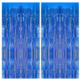 Seyal Blue Metallic Party Backdrop Decorations 2 Pack Foil Fringe Curtains for Photo Booth, Birthday, & Holiday Events – Wall, Door or Window – Easy to Hang and Reusable Blue Party Decor