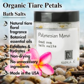 Polynesian Monoi Bath Salts by Nabila K - Dead Sea Salt & Epsom Salt Scrub & Soak - Exfoliates & Hydrates Skin, Botanical Essential Oils - Bubble Bath Accessories for All Skins Types, 2 oz