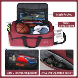 FIORETTO 35L Mens Sports Gym Bag with Wet Pocket & Shoe Compartment,Travel Duffle Bag Overnight Bag with Padded Shoulder Strap, Water-Resistant Sports Holdall for Swimming, Basketball Red