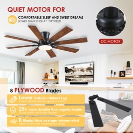 Mpayel Ceiling Fans with Lights, 52 Inch Low Profile Flush Mount Ceiling Fan, Modern Brown Ceiling Fan with Light for Bedroom Living Room, Remote/APP Control, Quiet DC Motor, Dimmable, 8 Wood Blades