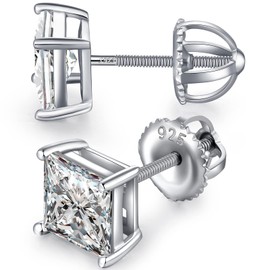 M olurgor Stud Earrings: Square, Screw Back, Princess Cut CZ Diamonds - Sterling Silver, 7MM