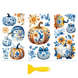 Peacoblue Rub on Transfer Decal Sticker for Furniture Craft Decor 6"x12" Blue-Patterned Pumpkin, 3Pcs Waterproof UV DTF Transfer for Drawer Dresser Glass Porcelain Wood Plastic