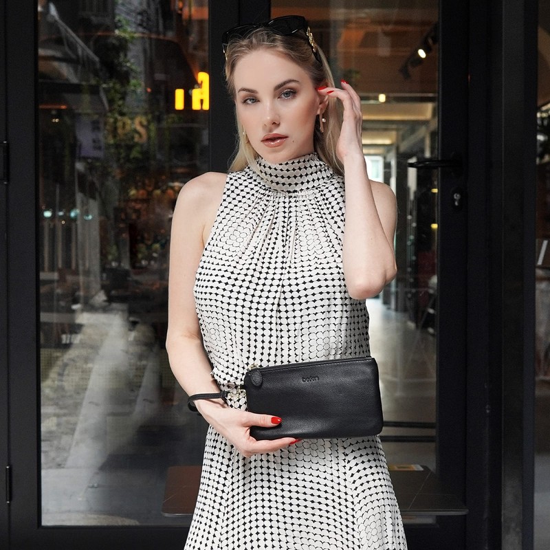 befen Black Genuine Leather Wristlet Clutch RFID Blocking Bag Cell