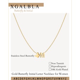 XGALBLA Dainty Initial Necklace Butterfly Pendant Necklace, 18K Gold Plated Stainless Steel Butterfly Letter Dainty Necklaces Jewelry Birthday Gifts for Women(M)