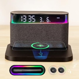REOWONU Alarm Clock with Wireless Charger, Bluetooth Speaker, Colorful LED Night Lights, 6-in-1 for Bedroom,Home,Office