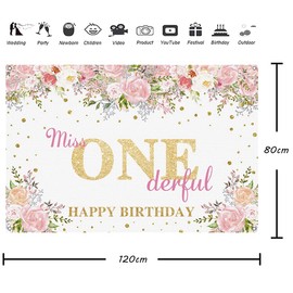 Miss Onederful Birthday Backdrop Watercolor Flowers Golden Dots First Birthday Photography Backdrop Baby Girl Happy 1st Birthday Party Decorations Supplies 120cm