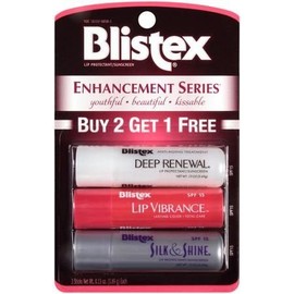 Blistex Enhancement Series Bálsamo Labial, Moisture Revitalizer y Deep Renewal con SPF 15, 3.69 g cada uno, Paquete de 3 Unidades