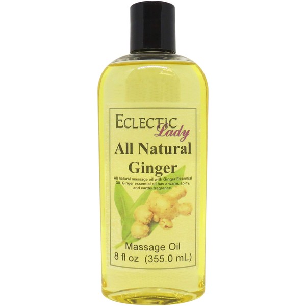 All Natural Ginger Massage Oil, 8 oz, 100% Natural Ingredients with Sweet Almond & Jojoba Oil, Relaxing Scent for Men & Women