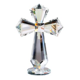 Hand-Carved Crystal Cross Desk Decor - 6 Inch Spiritual Gift for Christians, Clear K9 Crystal Religious Figurine with 360° Faceted Design, Home Altar & Office Inspirational Ornament (Transparent)
