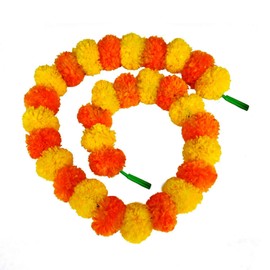 zig zag Artificial Marigold Garland (5pcs Pack) - Ideal for Weddings,Birthday, Christmas Decorations, and Diwali Celebrations, Faux Garlands 5 Strings - 4.5-5 Ft Long (Yellow & Dark Orange)