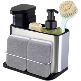 BOOSEN 3 en 1 Dispensador de Jabon Cocina, Organizador de Fregadero de Cocina Multifuncional con Soporte de Esponja y Soporte para Cepillo para Polvo, Organizador Accesorios de Cocina Inoxidable