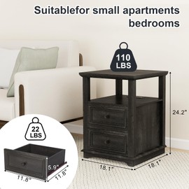 MUUEGM Farmhouse Nightstand 18” Brown End Table with Charging Station Rustic Wood Tall Bedside Table with 2 Drawers Storage Small Dresser Open Shelf for Bedroom, Living Room, Closet