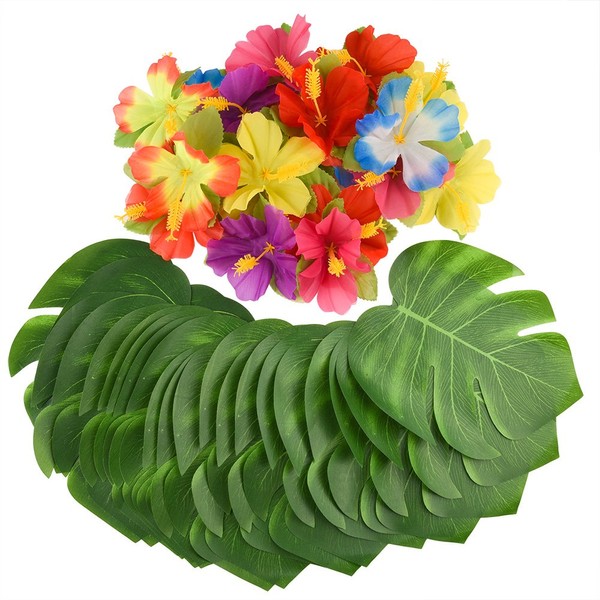 KUUQA 60 Pcs Tropical Party Décoration Fournitures 8 " Palmtera de Feuilles et Fleurs d'hibiscus, Feuille de Simulation pour Hawaiian Luau Party Jungle Beach Thème Table décorations
