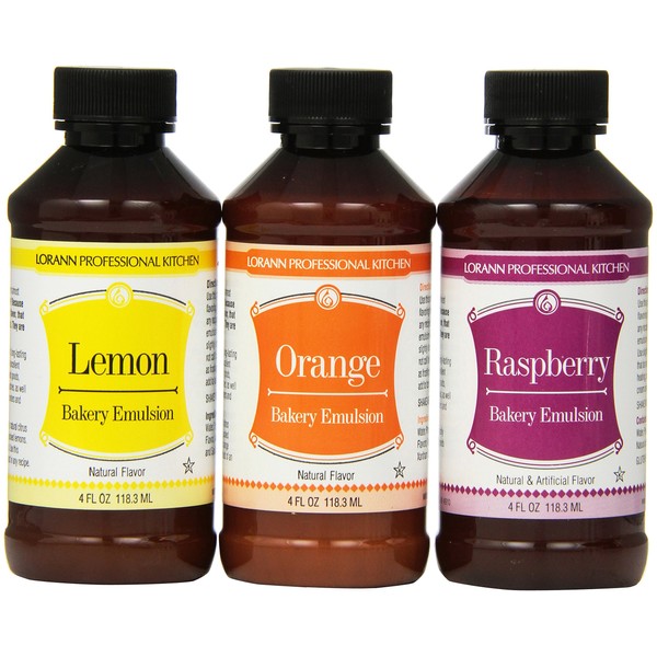 Lorann Bakery Emulsion Variety pack - one 4 ounce bottle of each Lemon, Orange and Raspberry