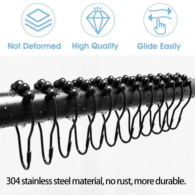 12 Pack Shower Curtain Hooks Rings,Stainless Steel Roller Balls Bath
