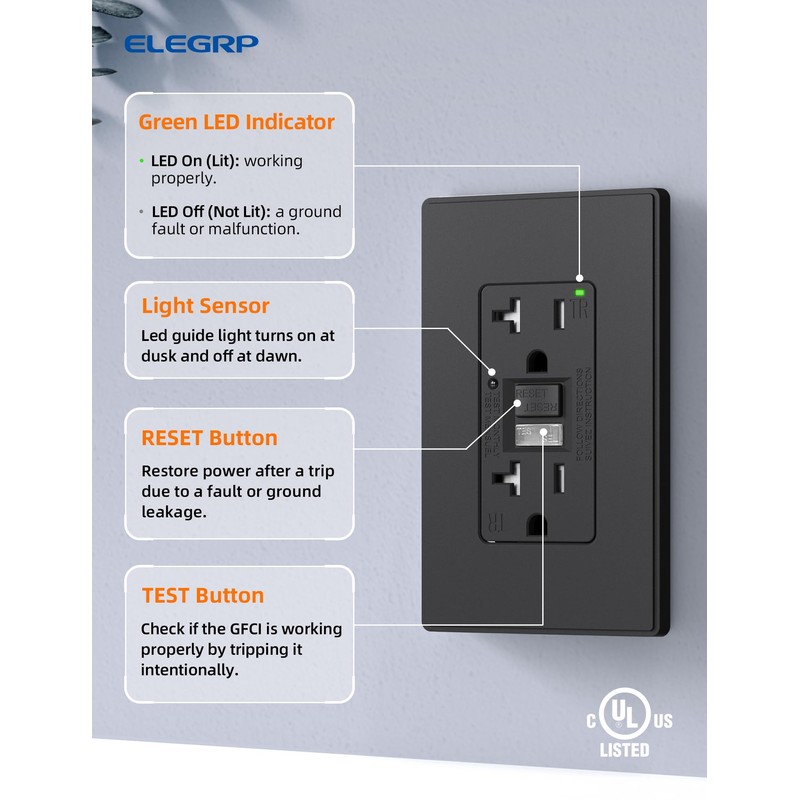 ELEGRP GFCI Outlet w/Nightlight, 20 Amp Self-Test GFI Electrical Outlet
