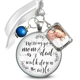 Wedding Bouquet Charms Parents Photos Missing You Mom and Dad As I Walk Down Aisle 2 Frames Something Blue Bead Antique Silvertone Pendant Jewelry White Glass Brideal Flowers DIY Picture Template
