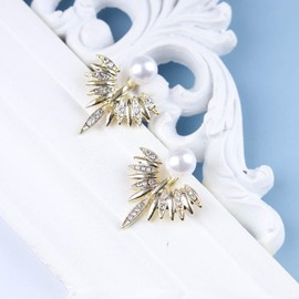 Cimenexe Bohemian Crystal Wing Pearl Jacket Earrings Gold Cz Pearl Ear Jacket Earrings Paved Feather Pearl Earrings Rhinestone Angel Wing Earrings Jewelry for Women and Girls Gifts