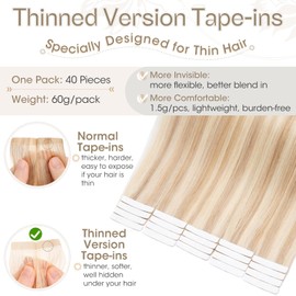 Elailite Tape in Hair Extensions Human Hair 40 PCS Thin Type 60g - 100% Real Natural Remy Hair Skin Weft Extension (#18/613 Ash Blonde Mix Bleach Blonde, 16 Inch)