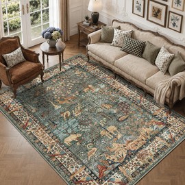 NakedCloud 5x7 Washable Area Rug Vintage Animals Print Boho Indoor Carpet