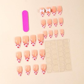 Medium Press on Nails Almond Fake Nails French Tip False Nails with Red Heart Design Glue on Nails Bow Full Cover Stick on Nails Cute Acrylic Nails for Women Manicure 24Pcs