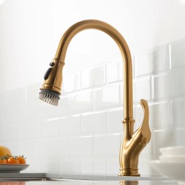 FLG Single Hole Hot Cold Water Mixer Sink Pull Out Kitchen Faucets Modern Kitchen Taps Brass Kitchen Mixer SinkColor: 1176-33NG-1D-US, Surface Finishing: Brushed gold