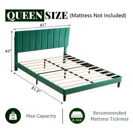 Dolonm Queen Size Bed Frame, Velvet Fabric Platform Bed with Upholstered Headboard and Slat Support, Heavy Duty Mattress Foundation, No Box Spring Required, Easy to Assemble, Green