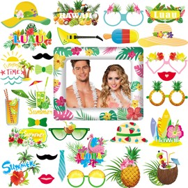 VEGCOO Hawaiian Party Photo Booth Props Kit, 30 PCS Frame Flamingo Pineapple Selfie Frame, Mustache Glasses Wig Photo Prop Supplies for Summer Pool Party Tropical Party Wedding Decorations