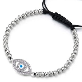 Womens Bead Chain Bracelet with Cubic Zirconia Protection Evil Eye, Adjustable