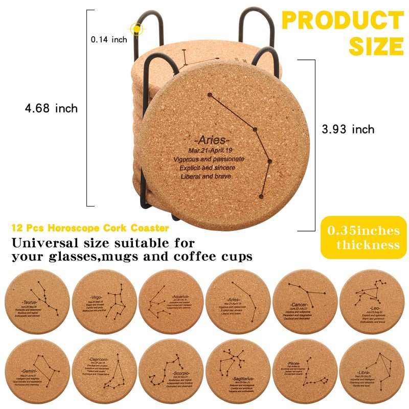 12 Pcs 4 Inch Horoscope Cork Coaster with Holder for