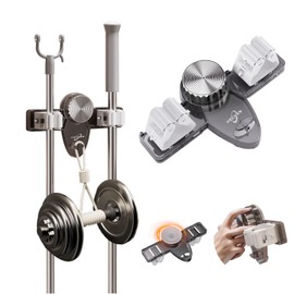 Broom Mop Holder Wall Mounted, Brush Gripper Hooks No Drilling Required, Utility Room Accessories, Home Tool Storage Only for Smooth Surfaces (Grey)