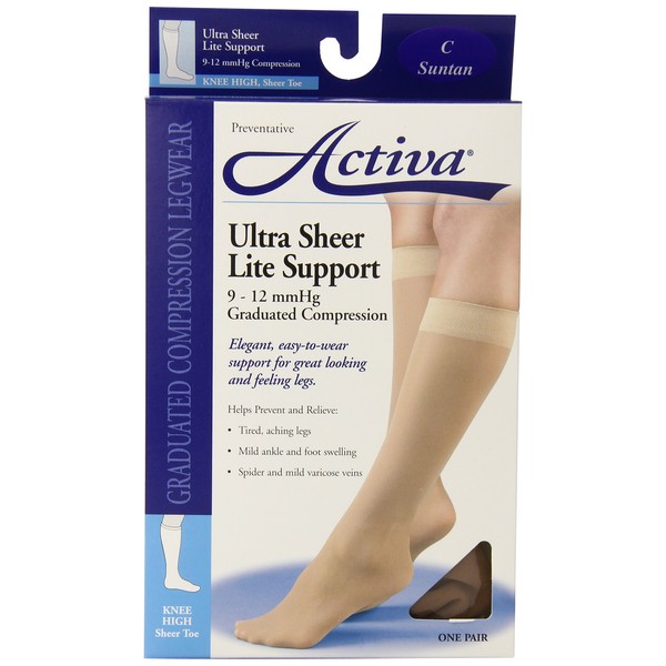 Activa Ultra Sheer 9-12 mmHg Knee High Socks, Suntan, Size C