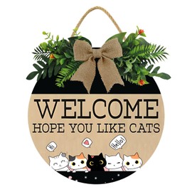 KPSheng Welcome We Hope You Like Cats Sign, Funny Welcome Front Door Cat Pet Sign, 12inch Farmhouse Adorable Cartoon Cat Door Decoration, Cat Welcome People Tolerated Sign Hanging for Cat Lover Owner