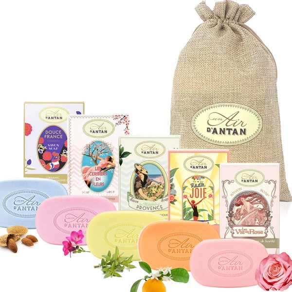 Beauty Set of 5 Soap Pack Un Air d'Antan/Organic Argan Oil, Shea Butter / in a Pretty Jute Bag / 5 Fragrances: Rose, Almond, Verbena, Cherry Blossom, Orange Blossom / Gift Set for Women / Wellness Set