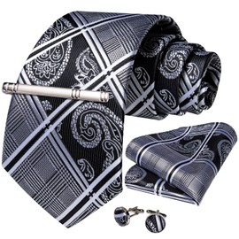 DiBanGu Silk Black Grey Paisley Necktie and Pocket Square Cufflinks Tie Clip Set for Men Formal Wedding