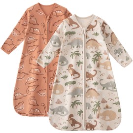 Unnivoll Baby Sleep Sack 0-6 Months 100% Cotton Long Sleeve Wearable Blanket Baby Sleep Bag with 2-Way Zipper 2 Pack 0.5 Tog Sleeping Sack for Newborn Infant Apricot Brown Dinosaur