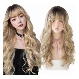 Jorla Peluca Mujer Pelo Largo Y Rizado Rubio Natural Con Flequillo
